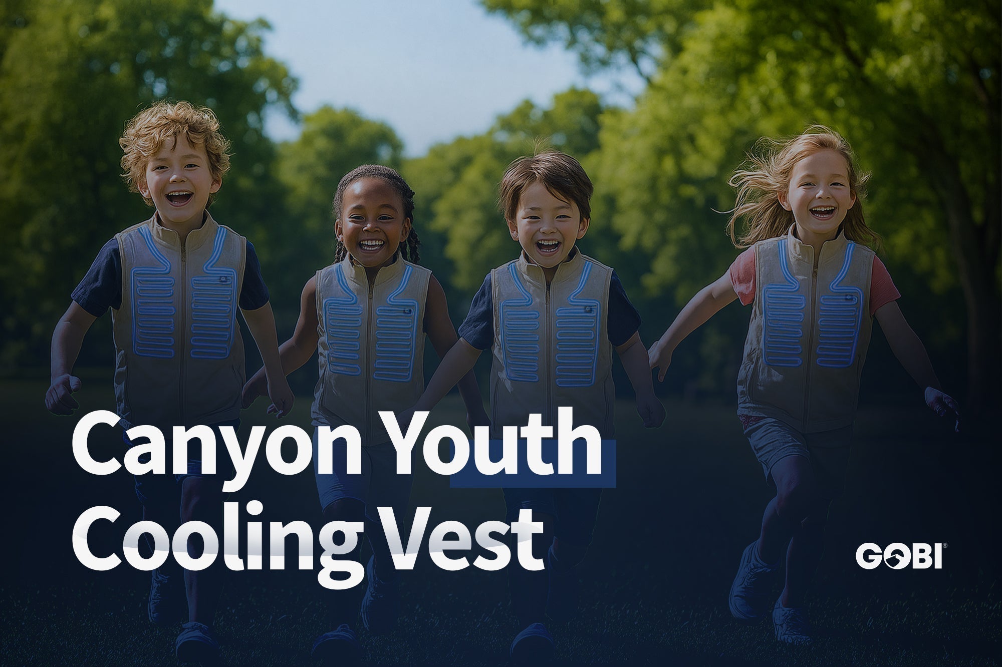 Four smiling children run outdoors on a sunny day wearing Gobi Heat Canyon Youth Cooling Vests, designed for ages 7–16 to stay cool during summer play and activities.