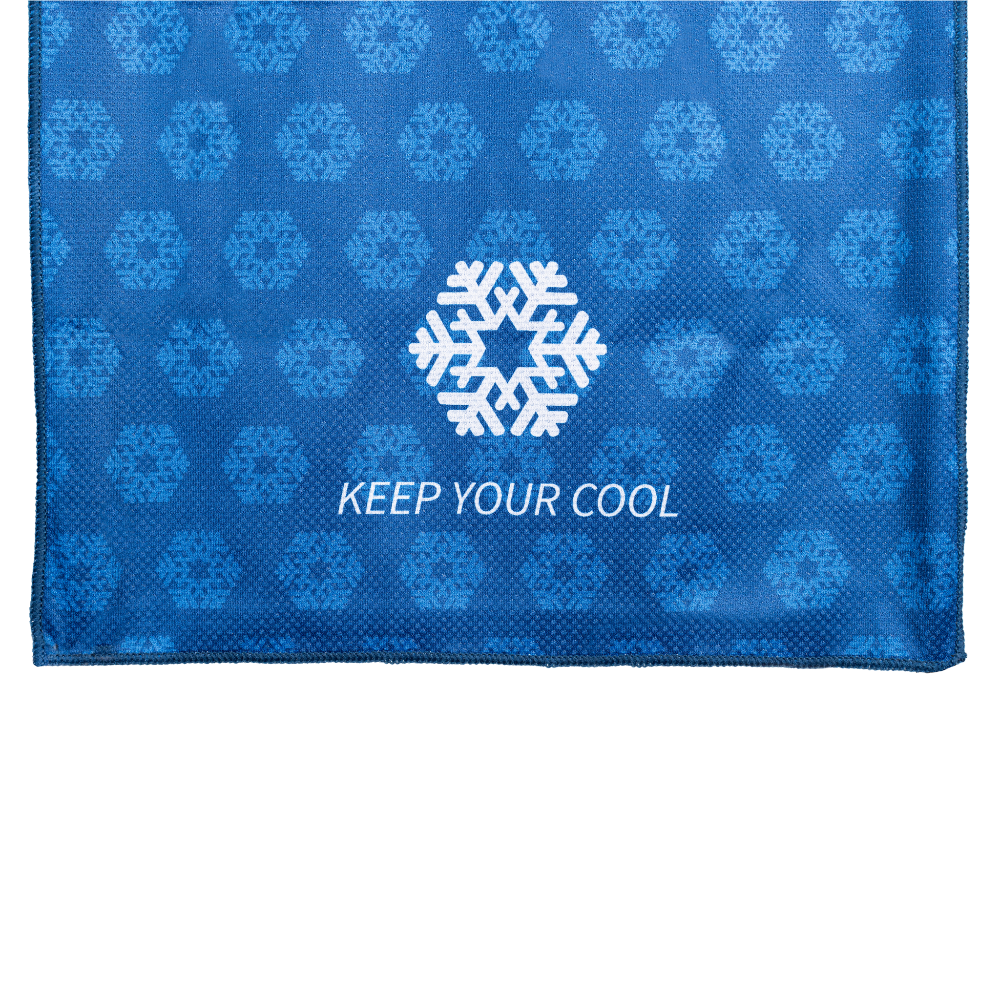 Blue cooling mat with snowflake pattern and 'Keep Your Cool' text on a white background