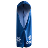 Blue hooded towel with white snowflake design and 'GOBI' branding on a white background
