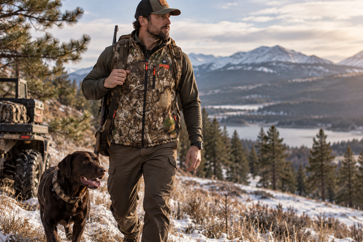 Hunter wearing GOBI's Colorado heated hunting vest on a snowy mountain hunt.