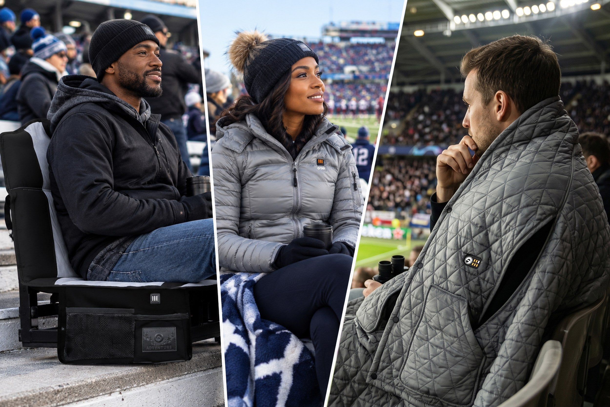 Heated stadium seat, heated blanket, and heated jacket compared for a football game.
