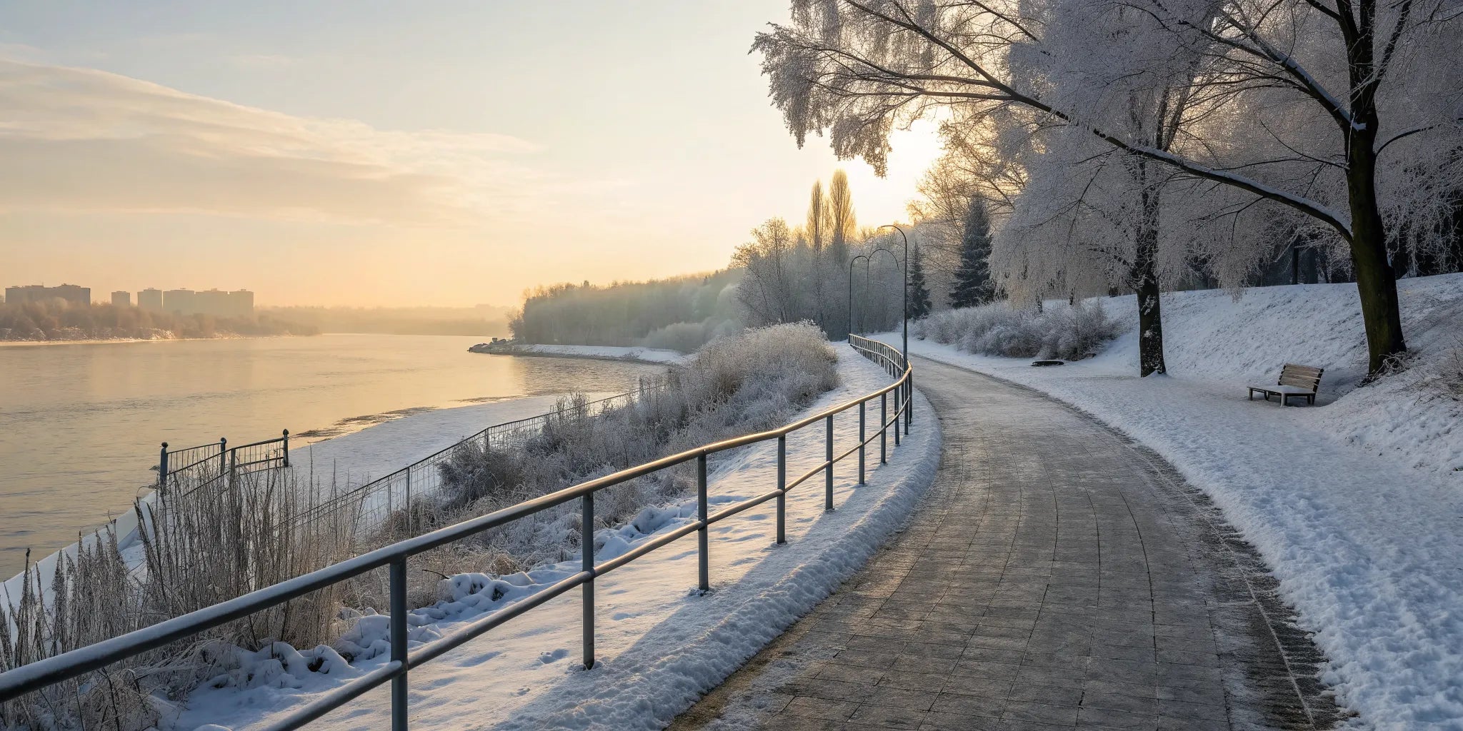 A portable heated camping chair on a snowy path next to a river at sunrise.