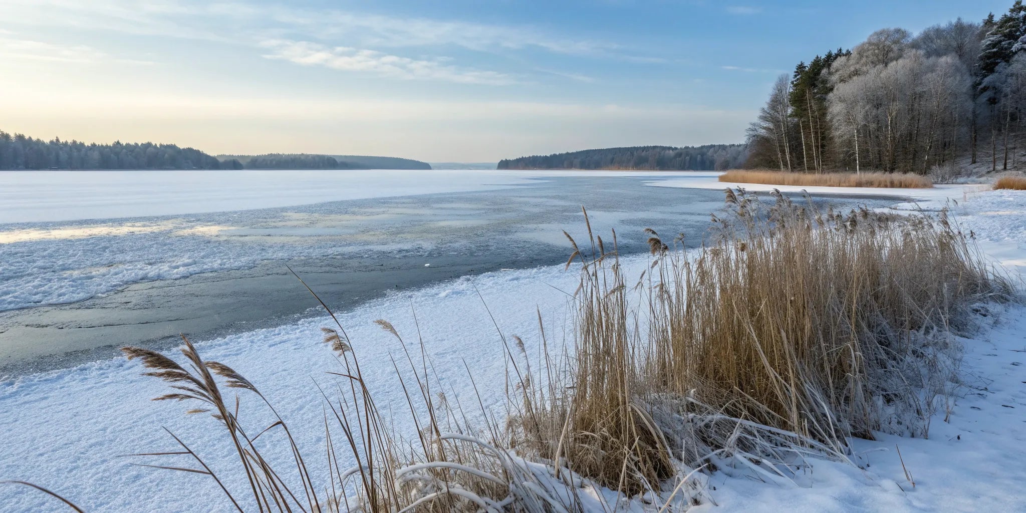 A frozen lake and snowy shore, an ideal setting to stay warm with rechargeable heated base layers.
