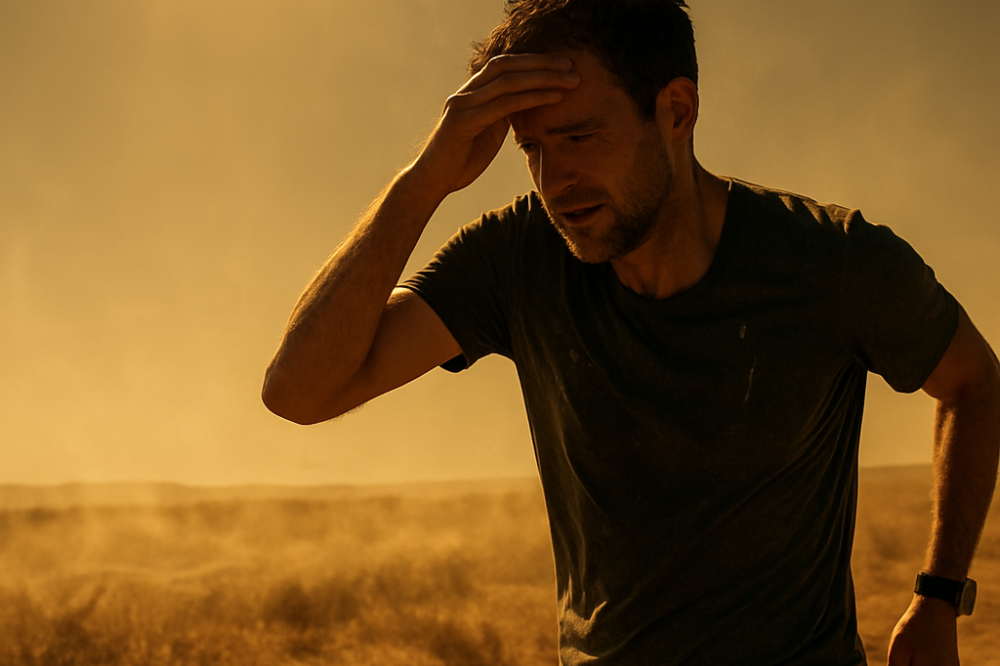 A man running under the scorching sun on a hot summer day, visibly sweating and exhausted — illustrating the physical strain and risk of heatstroke during intense heat.