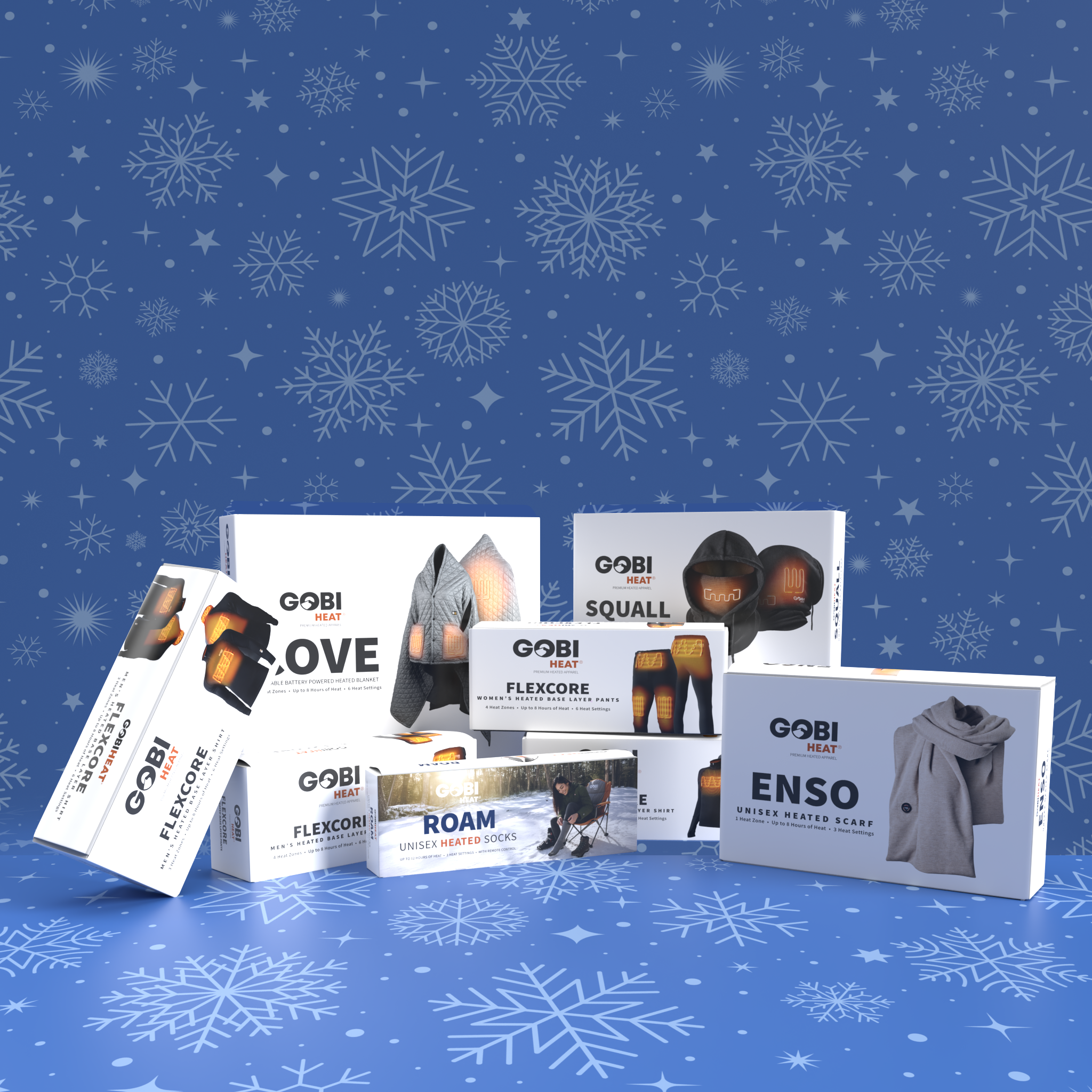 Collection of Gobi product boxes on a blue background with snowflake patterns
