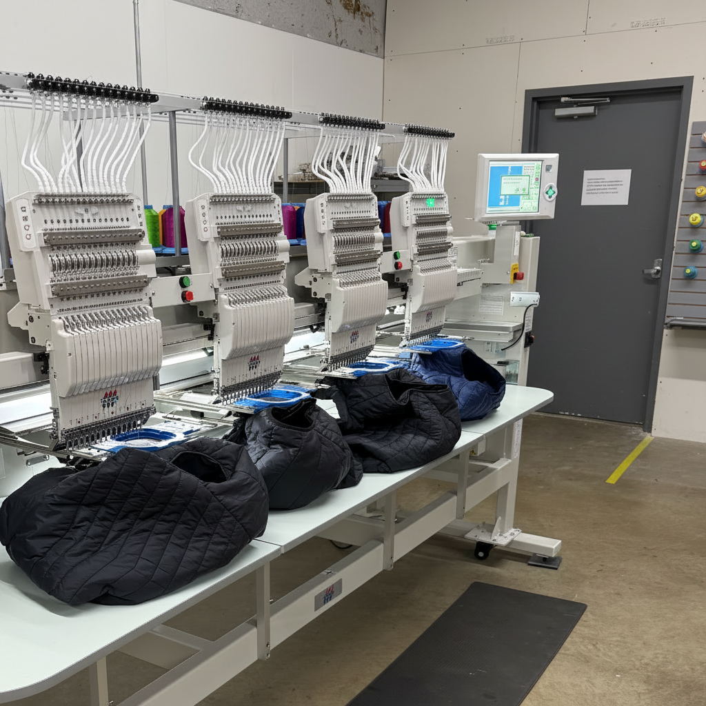 Embroidery machines with colorful threads and black vests in our warehouse