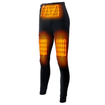 Flexcore women's heated base layer pants, with the heat zones on the waist and thighs highlighted.