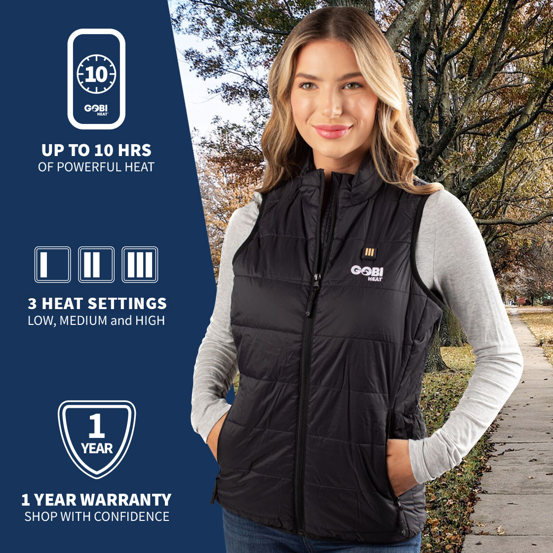 Woman wearing the element women's heated vest, placed in front of a landscape background, with the left hand side of the image giving information about the product.