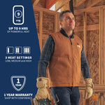 A man wearing GOBI Ibex men's heated vest while on a construction site, with information about the product on the left hand side of the image.