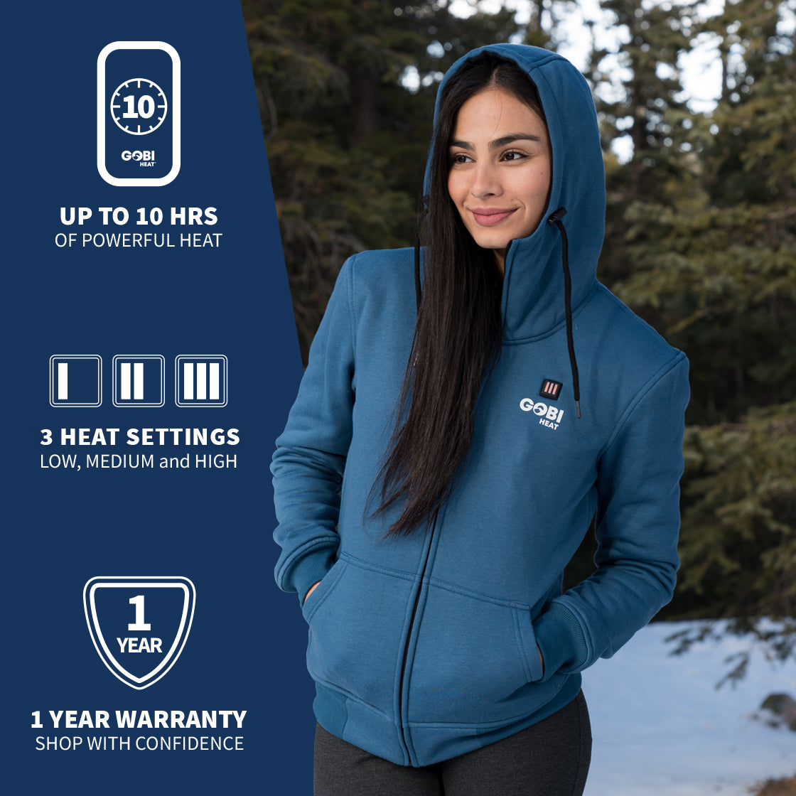 Woman wearing GOBI's women's ridge hoodie. She is placed in front of a landscape, with image about the product on the left side of the image.