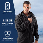A man wearing GOBI's men's Sahara II heated jacket. He is standing in front of a landscape, with information about the product on the left side of the image.