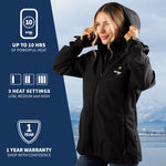 A woman wearing GOBI's women's Sahara II heated jacket. She is in front of a landscape, with information about the product on the left side of the image.