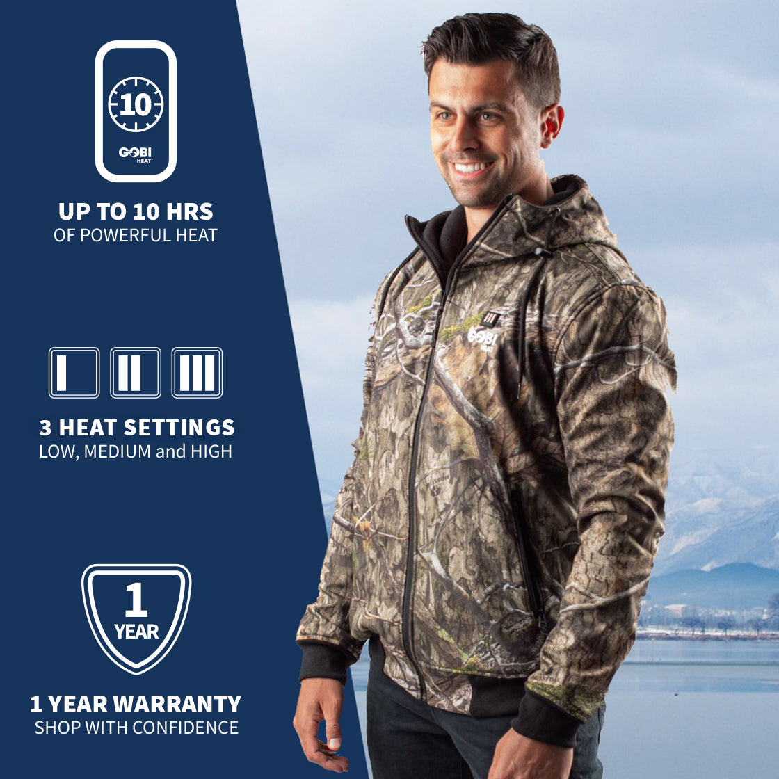A man wearing GOBI's men's shadow heated hunting hoodie. He is standing in front of a landscape, with text about the product on the left side of the image.
