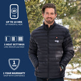 A man wearing GOBI's men's wolf heated jacket. He is standing in front of a landscape, with information about the product on the left side of the image.