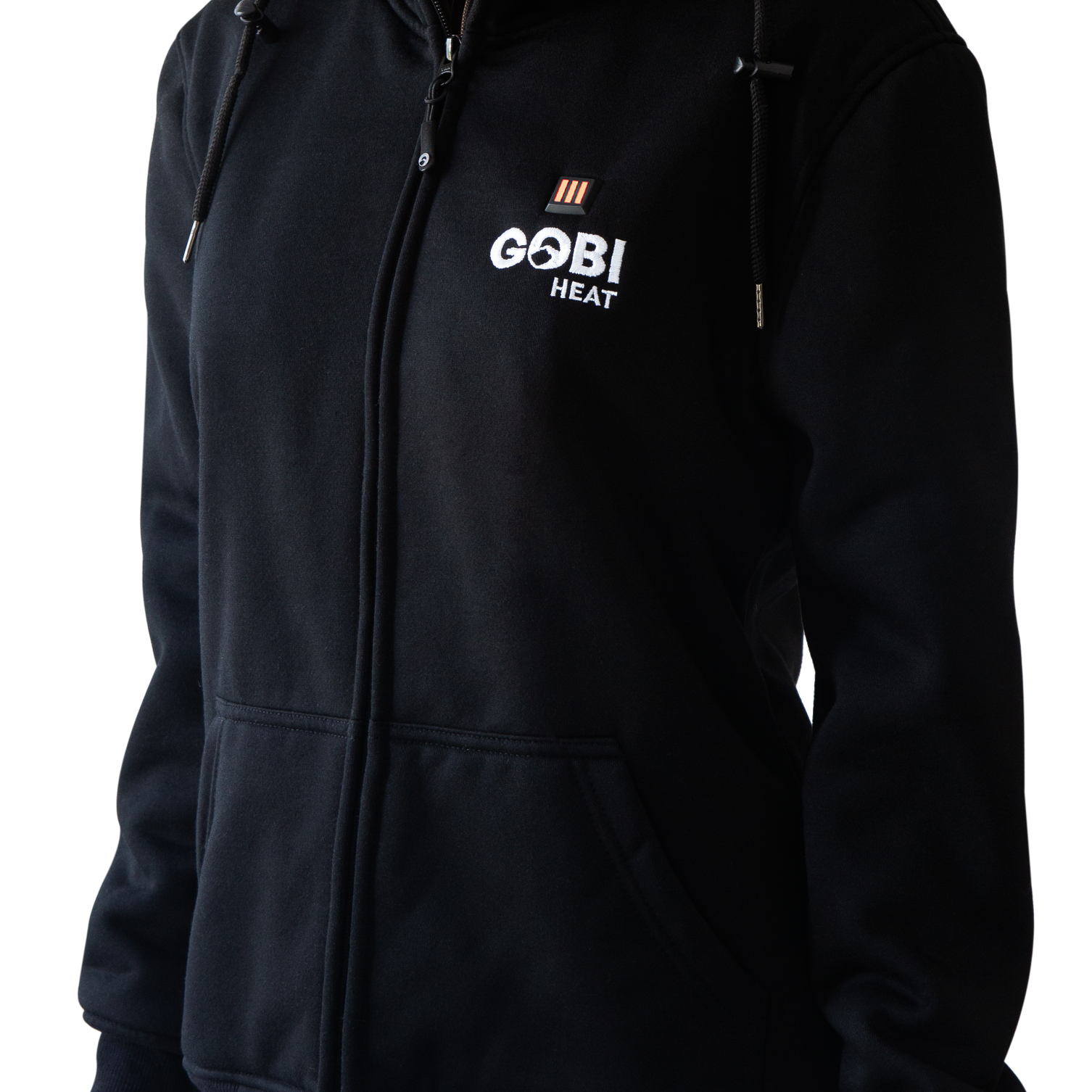 Ridge Women's Heated Hoodie in Onyx, front view on transparent background