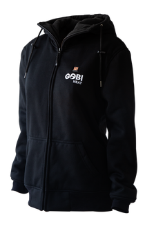 Ridge Women's Heated Hoodie in Onyx, front view on transparent background