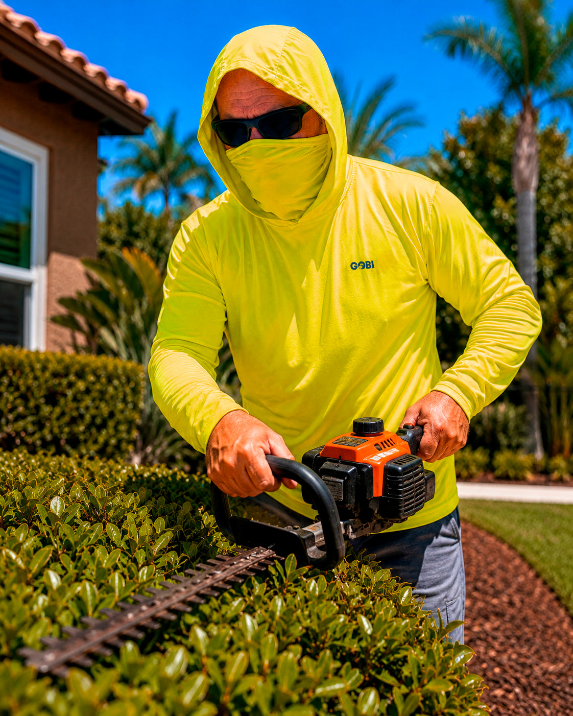 Man in a hi-vis yellow GOBI Helio UPF Sun Hoodie trimming hedges with a gas-powered hedge trimmer in a residential landscape with palm trees in the background.