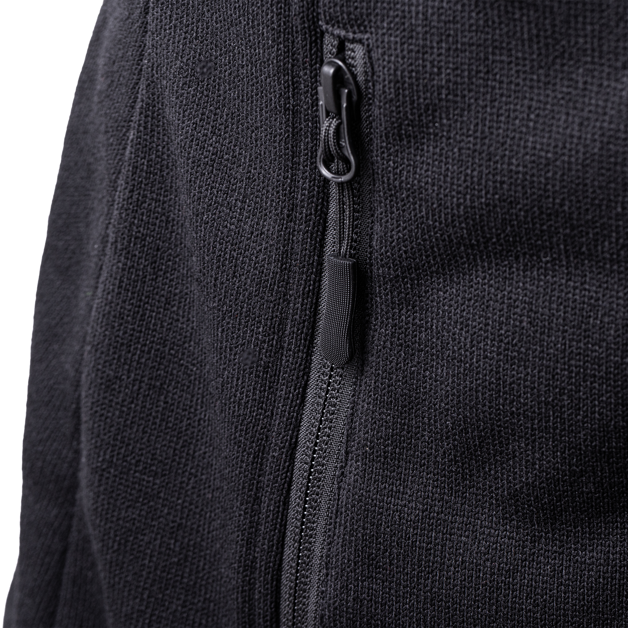 Close-up of a black fleece jacket with zipper detail on a white background