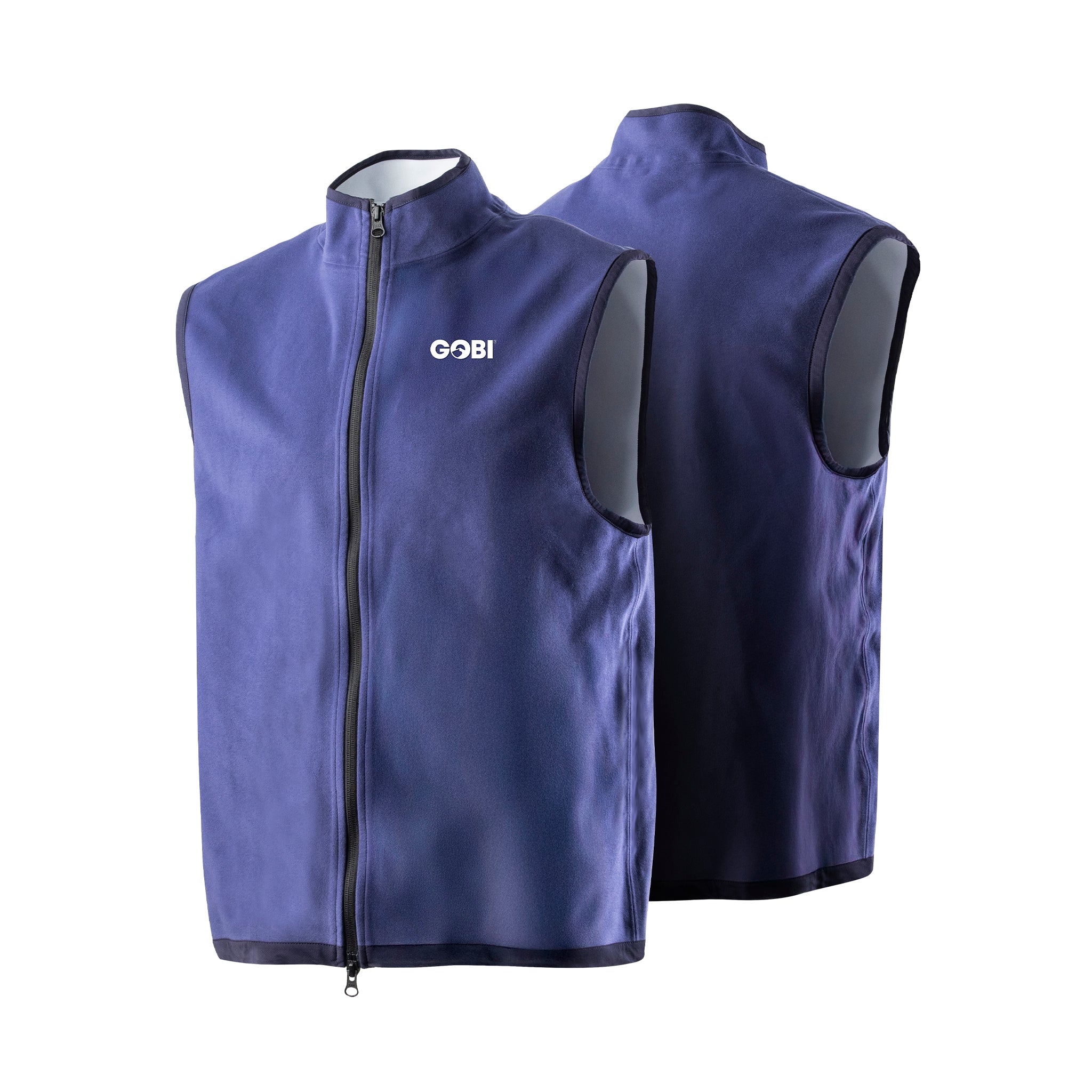 Strata cooling vest front and back view in blue showing lightweight performance design