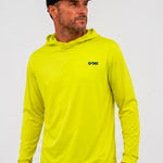 Man wearing the GOBI HELIO high-visibility yellow sun hoodie with the hood down.