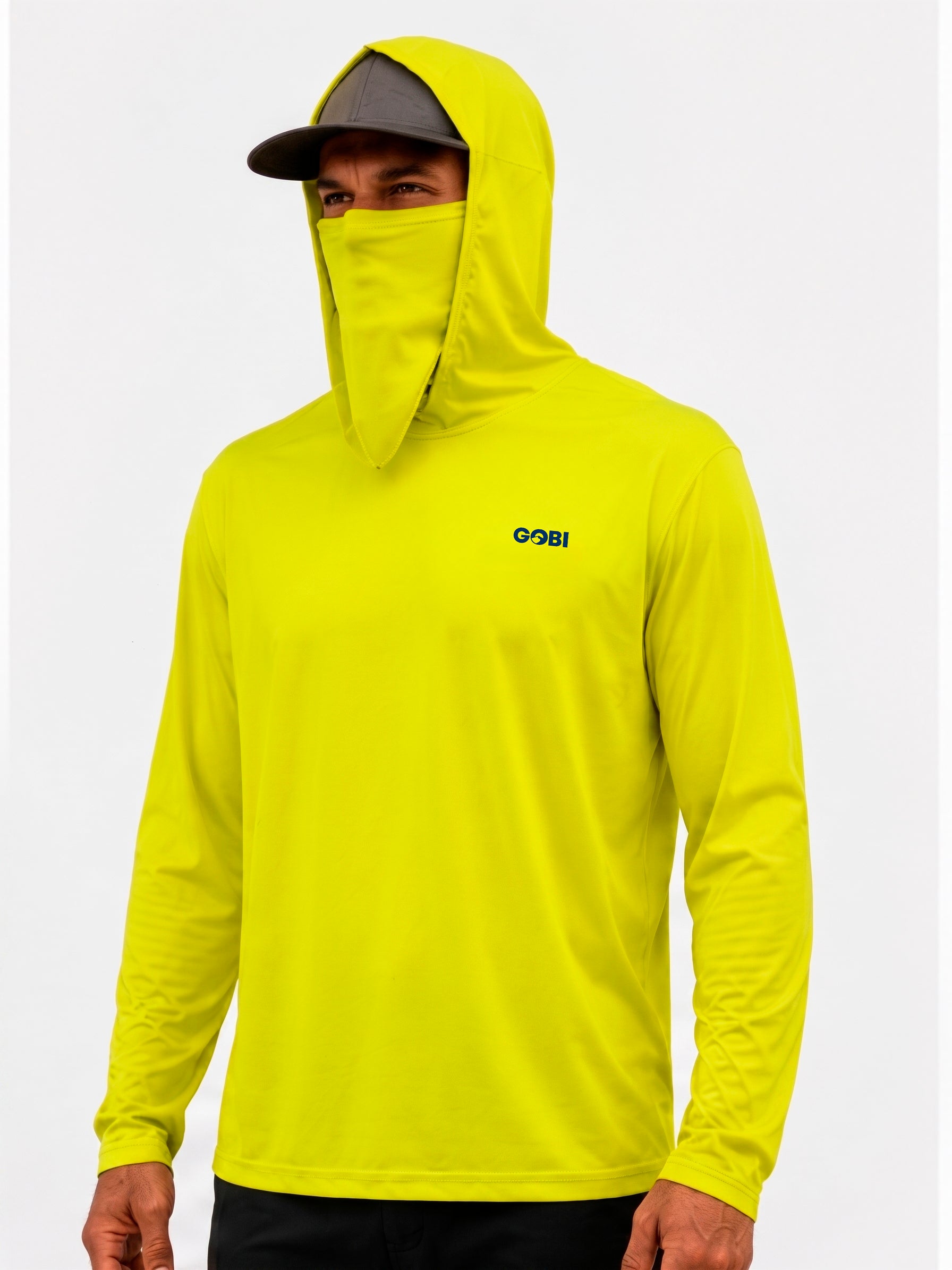 Man wearing the GOBI HELIO sun hoodie with the hood and built-in face shield raised.