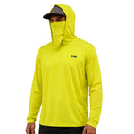 Man wearing the GOBI HELIO sun hoodie with the hood and built-in face shield raised.