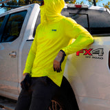 Man in a hi-vis yellow GOBI Helio UPF Sun Hoodie with hood and face cover up, leaning against a Ford FX4 Off Road pickup truck.