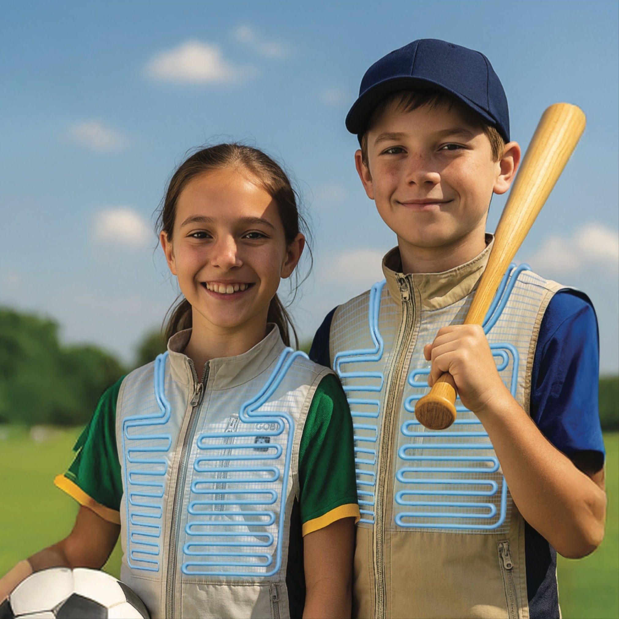 Two children, a boy and a girl, standing outdoors with sports equipment against a clear sky wearing Gobi cooling vests