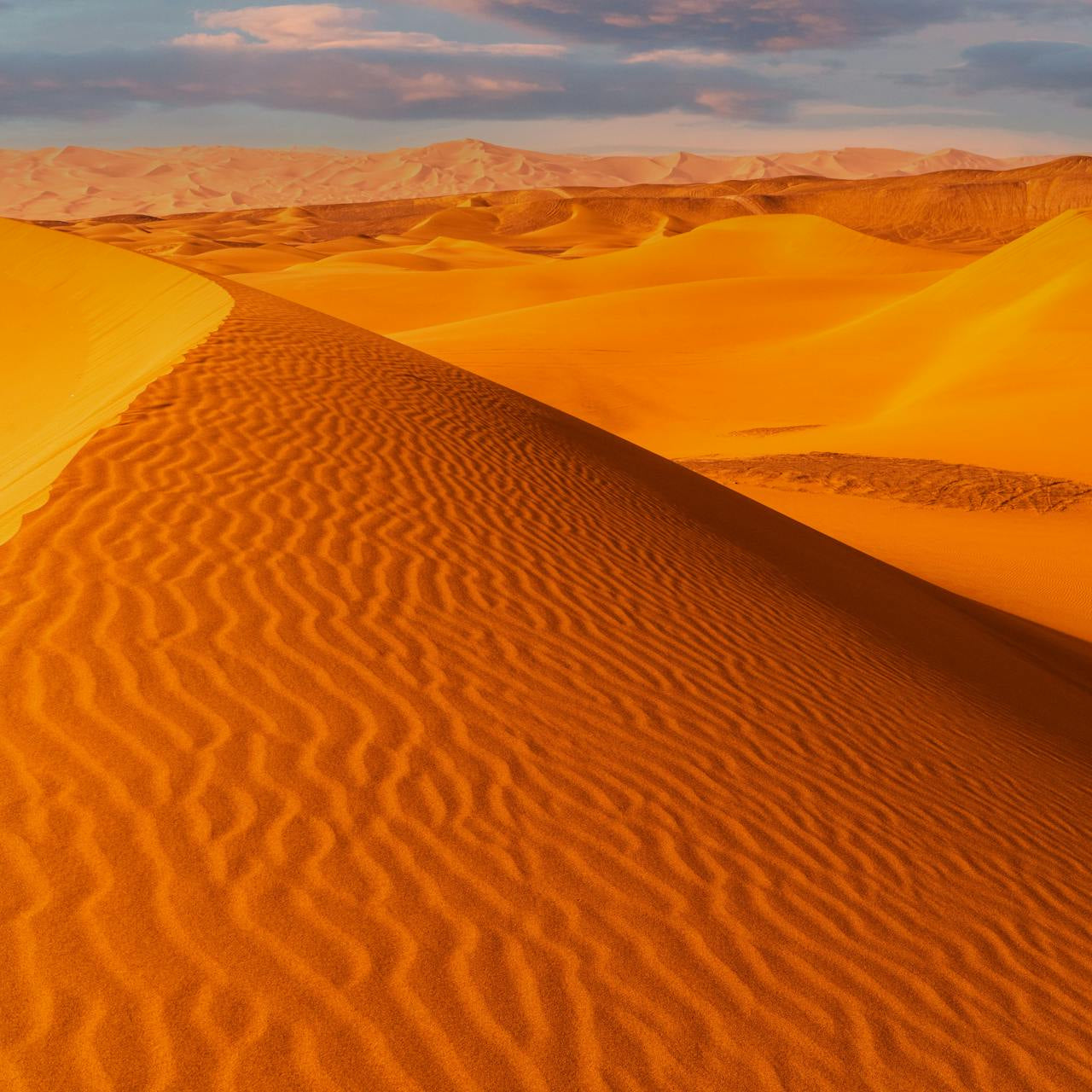 Desert landscape with sand dunes and a cloudy sky